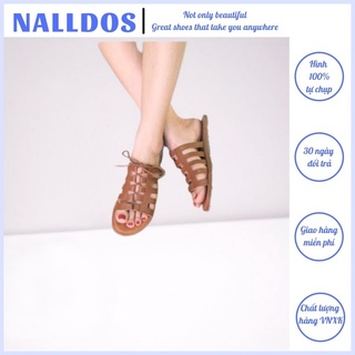 Giày nữ NALLDOS dép xỏ ngón chiến binh cột dây nữ quai da công nghiệp đế bằng 3 màu
