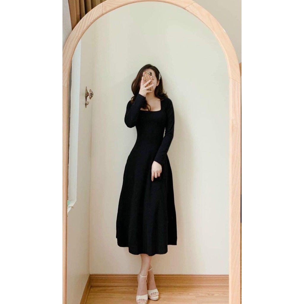 Đầm midi xoè FOREVER21 thun cotton bozip vintage tay dài cổ vuông màu be, nâu cam siêu xinh