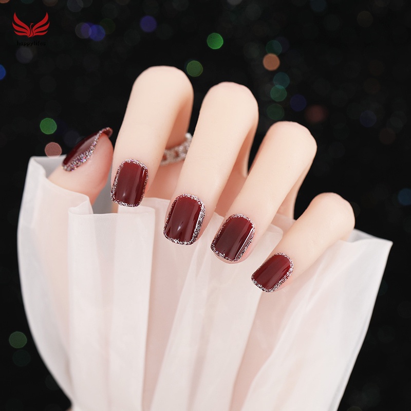 Set 24 móng tay giả màu đỏ rượu vang kiểu Pháp kèm keo dán gel thạch thời trang nghệ thuật