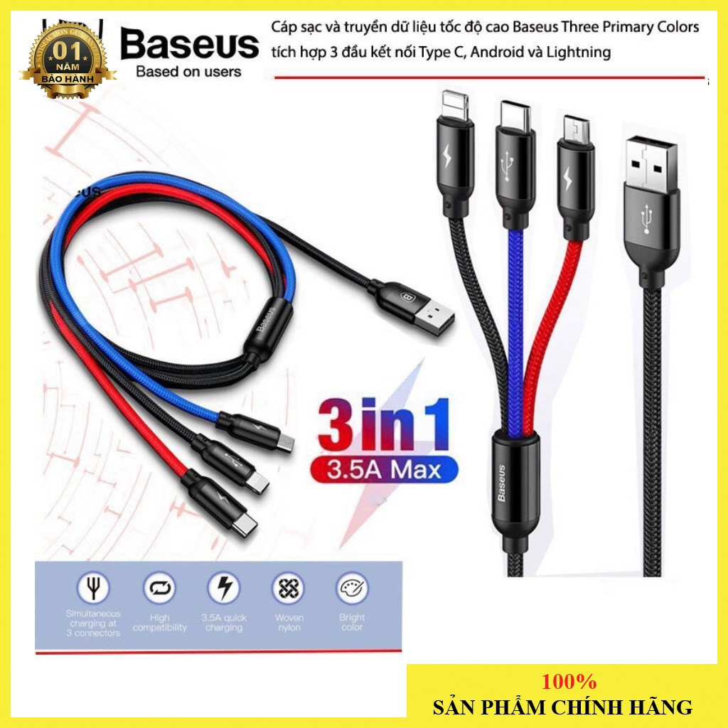 Cáp sạc 3 đầu Baseus Micro/Lightning/TypeC (Truyền được dữ liệu IP) - Chính hãng