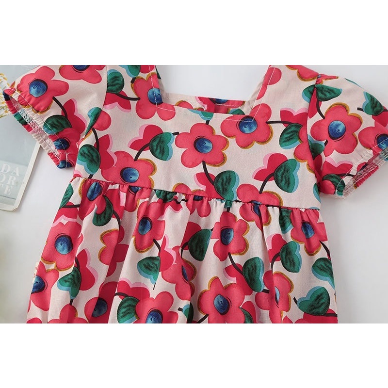 Bộ Áo Liền Quần Tay Phồng Chất Liệu Cotton Đính Nơ In Hoa Thời Trang Mùa Hè Cho Bé Gái Sơ Sinh