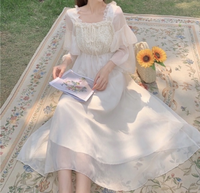 (Sẵn 1 trắng ngà) Váy trắng dài bánh bèo tiểu thư[Hàng ord 12-25 ngày k có sẵn] | BigBuy360 - bigbuy360.vn