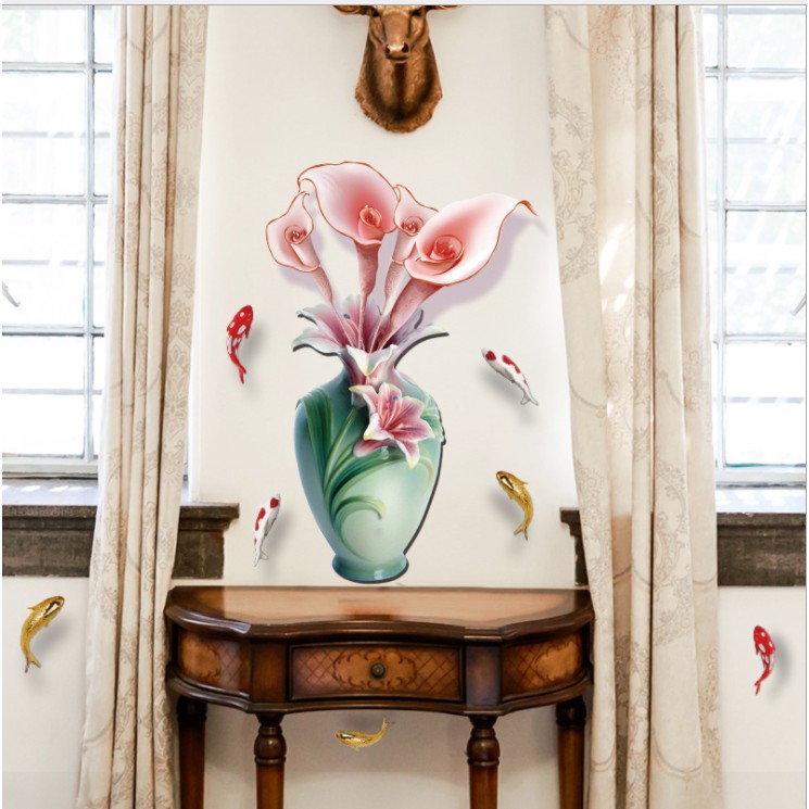 Decal trang trí tường - Chậu Hoa sứ xanh và Hoa liLy hồng nhạt 3D