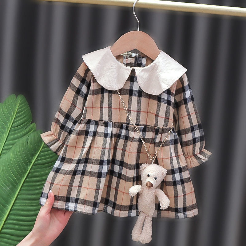 Đầm   tay dài cổ búp bê họa tiết sọc caro với gấu trang trí dành cho bé gái 0-4 tuổi
