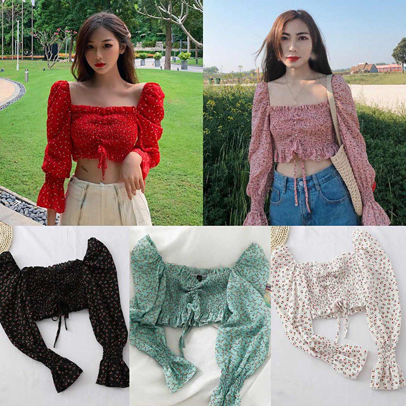 Áo kiểu trễ vai họa tiết in hoa phong cách Hàn Quốc