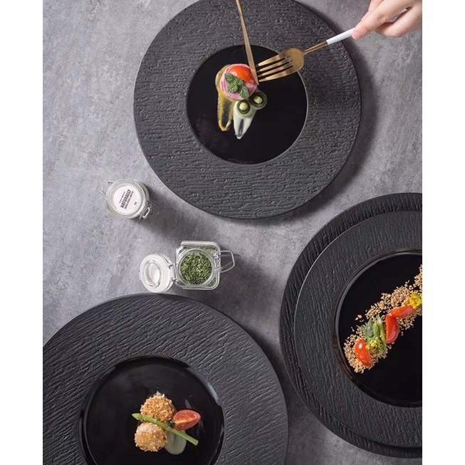 Đĩa gốm sứ Trang Trí, Đĩa Decor Ăn Đồ Âu, Beef Steak, Salad Chất Lượng Cao đen nhám lòng đen