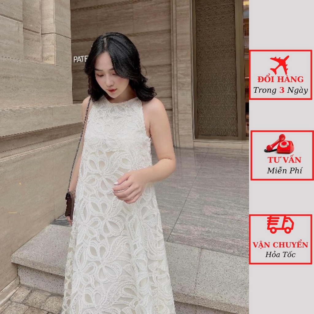 Váy ren nữ hoa nổi cổ yếm dáng suông dài maxi sát nách đi biển du lịch ulzzang Hàn Quốc đầm bầu