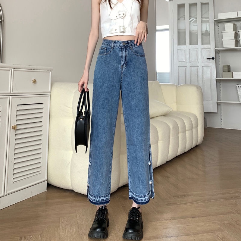 Quần Denim Dài Lưng Cao Xẻ Tà Đính Hạt Thời Trang Mùa Hè Mới 2022 Cho Nữ