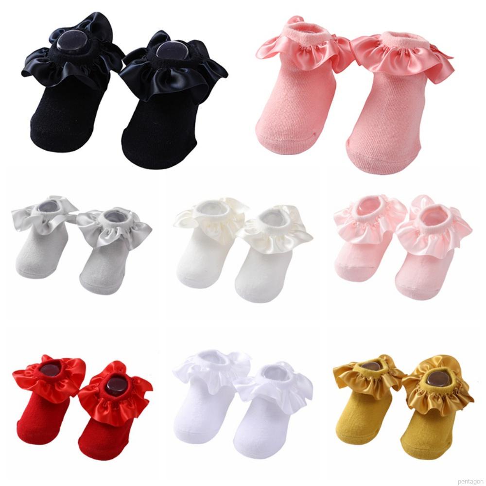 Vớ cotton cổ cao đến mắt cá phối bèo thoáng khí chống trượt cho bé gái sơ sinh
