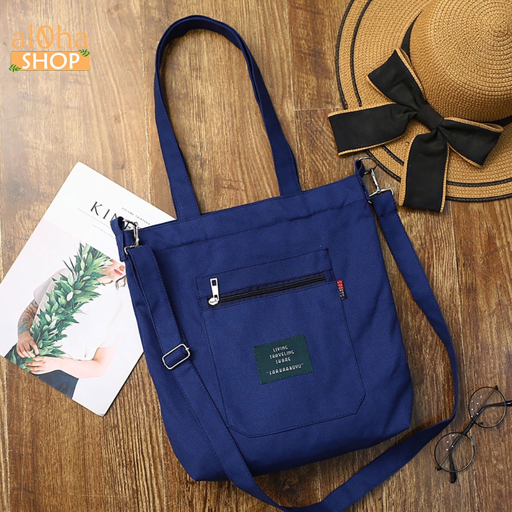 Túi tote đeo vai, đeo chéo vải bố canvas T046 nữ 2 dây đựng đồ đi học, đi chơi mềm đẹp - al0ha Shop