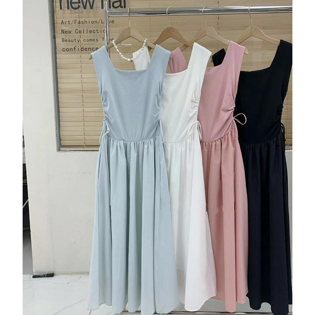 Váy cổ vuông nhún sườn dáng mãi D420