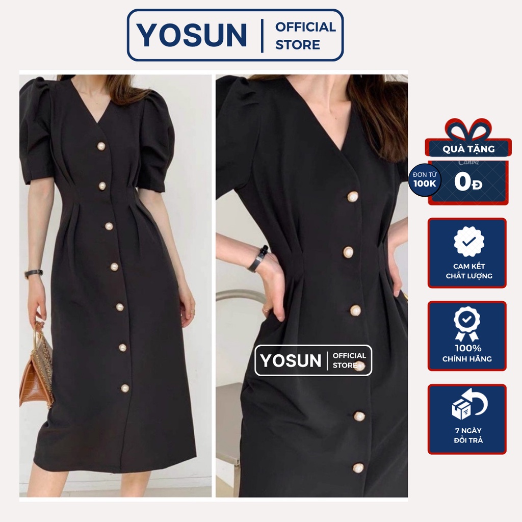 Đầm Nữ Dự Tiệc Dáng Dài Cổ V Tay Ngắn Thanh Lịch, Váy Nữ Công Sở Nút Trước Xếp Li Eo Nữ Tính Màu Đen