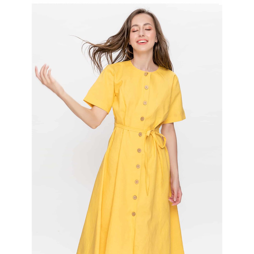 Đầm Linen Ngắn Tay Vàng - YV LE & CO | BigBuy360 - bigbuy360.vn