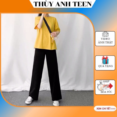 Bộ quần ống rộng dáng suông màu đen kèm áo thun trơn tay lỡ form thụng màu vàng