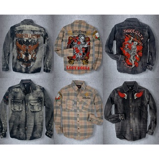 Áo sơ mi nam tay thêu hình three cltn, afliction, evisu caro kẻ loang chất kaki dày dặn K3 STORE