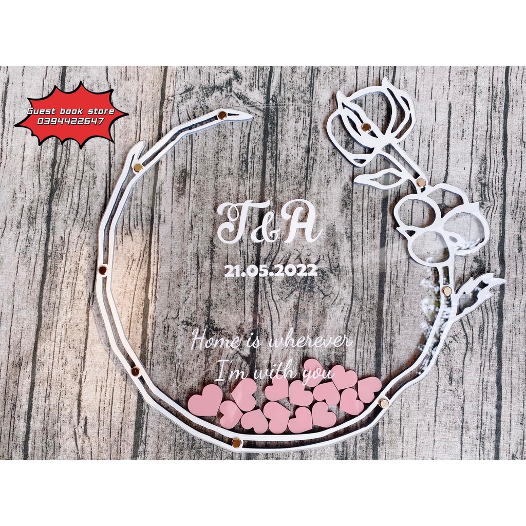 Hộp Thả Tim Cưới  Hình Tròn Trong Suốt Viền Hoa Hồng Kèm Ảnh Thật| Thao Wedding Guestbook