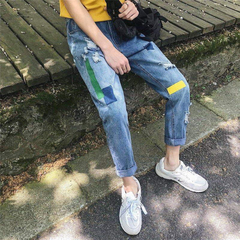 Quần skinny siêu co giãn vừa vặn Quần jean nam | Quần jean nam lỏng lẻo thẳng về nhà-Hồng Kông phong cách màu sắc phù hợp với tính cách sinh viên bình thường hàng trăm hang động bị hỏng chín điểm quần