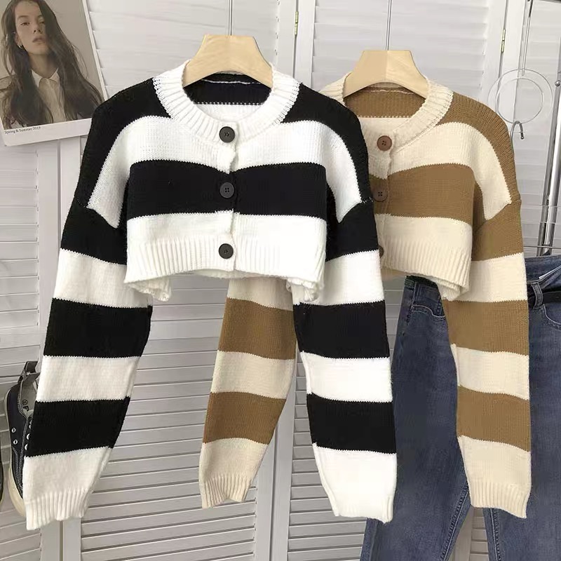 QKOOLE Áo cardigan dệt kim dáng rộng hoạ tiết kẻ sọc phong cách Hàn Quốc