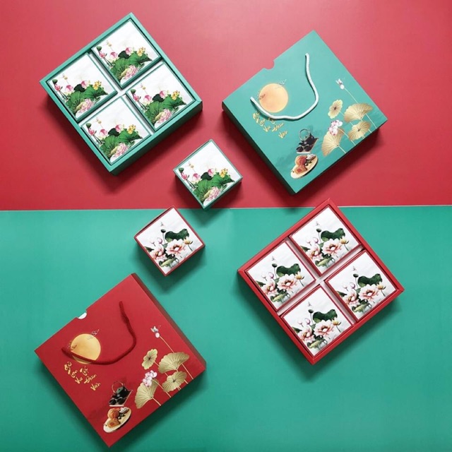 Set 2 Hộp đựng 4 bánh trung thu loại 100-150gr- Mẫu hoa sen hộp Xanh và Đỏ