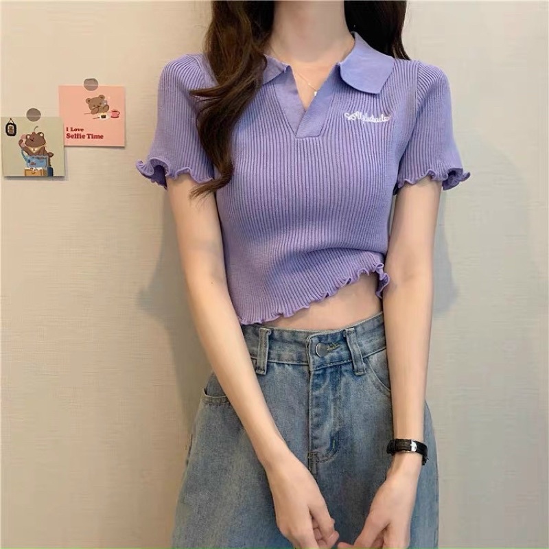 Áo len nữ cổ bẻ chữ kí, chất len mỏng Mongtoghi