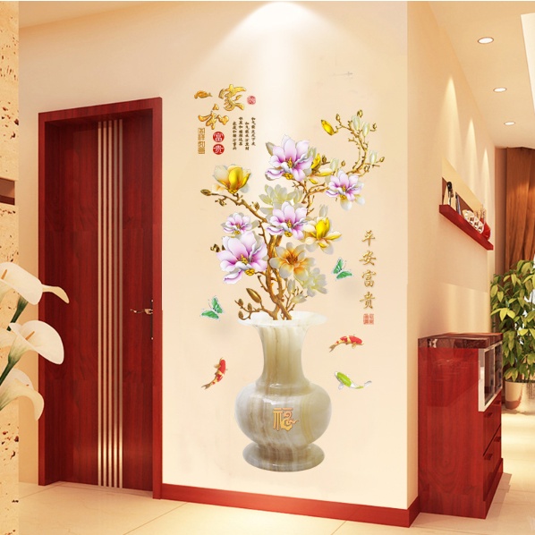 Decal giấy dán tường - mẫu Bình hoa Mai đá màu Tím vàng quý phái