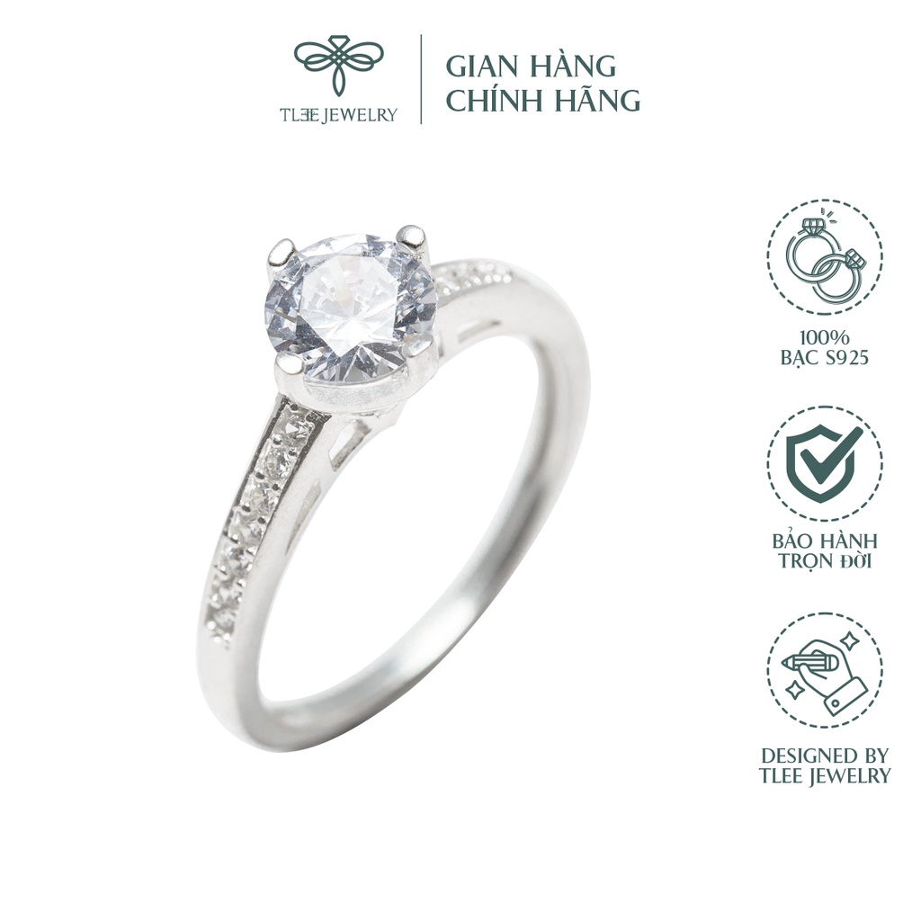 Nhẫn bạc nữ TLEE trụ đá bốn chấu viền nạm đá sang tay NCJ A0159
