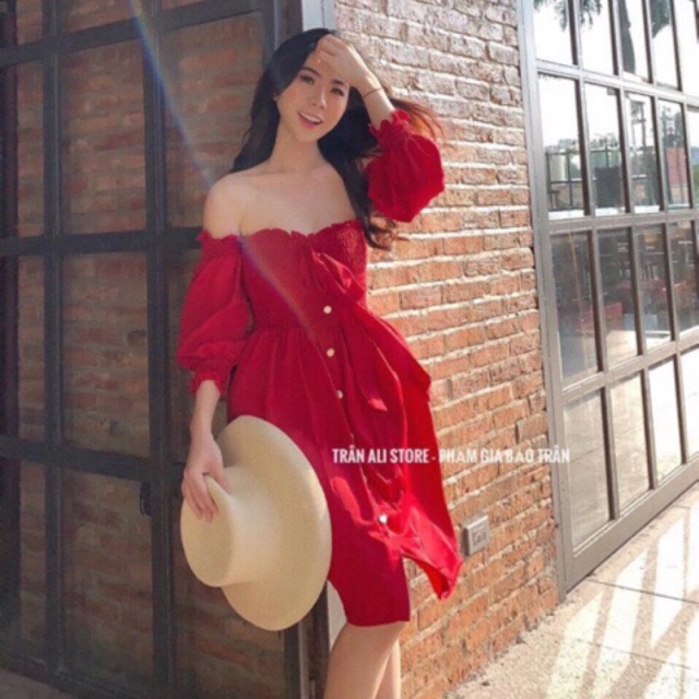 Váy đầm nữ💗FREESHIP💗 Váy bẹt vai tay dài vai bo chun ngực
