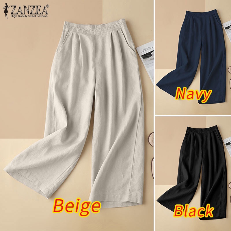 Quần ZANZEA ống rộng lưng thun màu trơn phối ren thời trang dành cho nữ