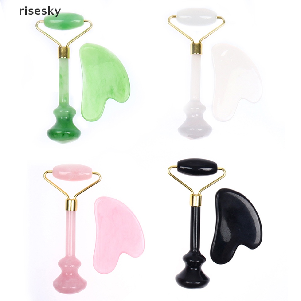 Bộ Dụng Cụ Lăn Massage Bằng Ngọc Bích Tự Nhiên + Bảng Guasha Board Cạo Bằng Đá SPA ♨Trên đó