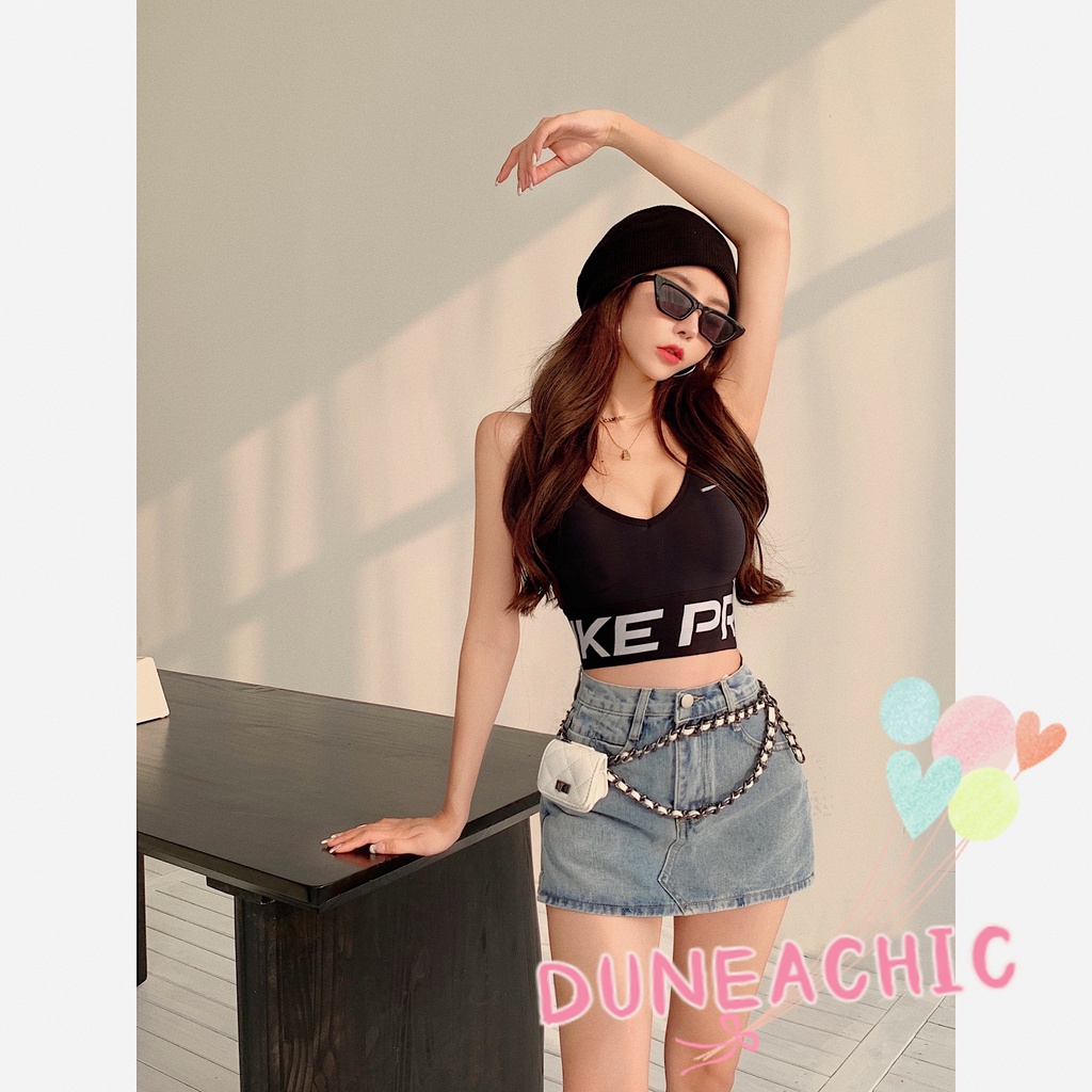 DUNEA Chân Váy Denim Lưng Cao Xẻ Tà Phong Cách Retro