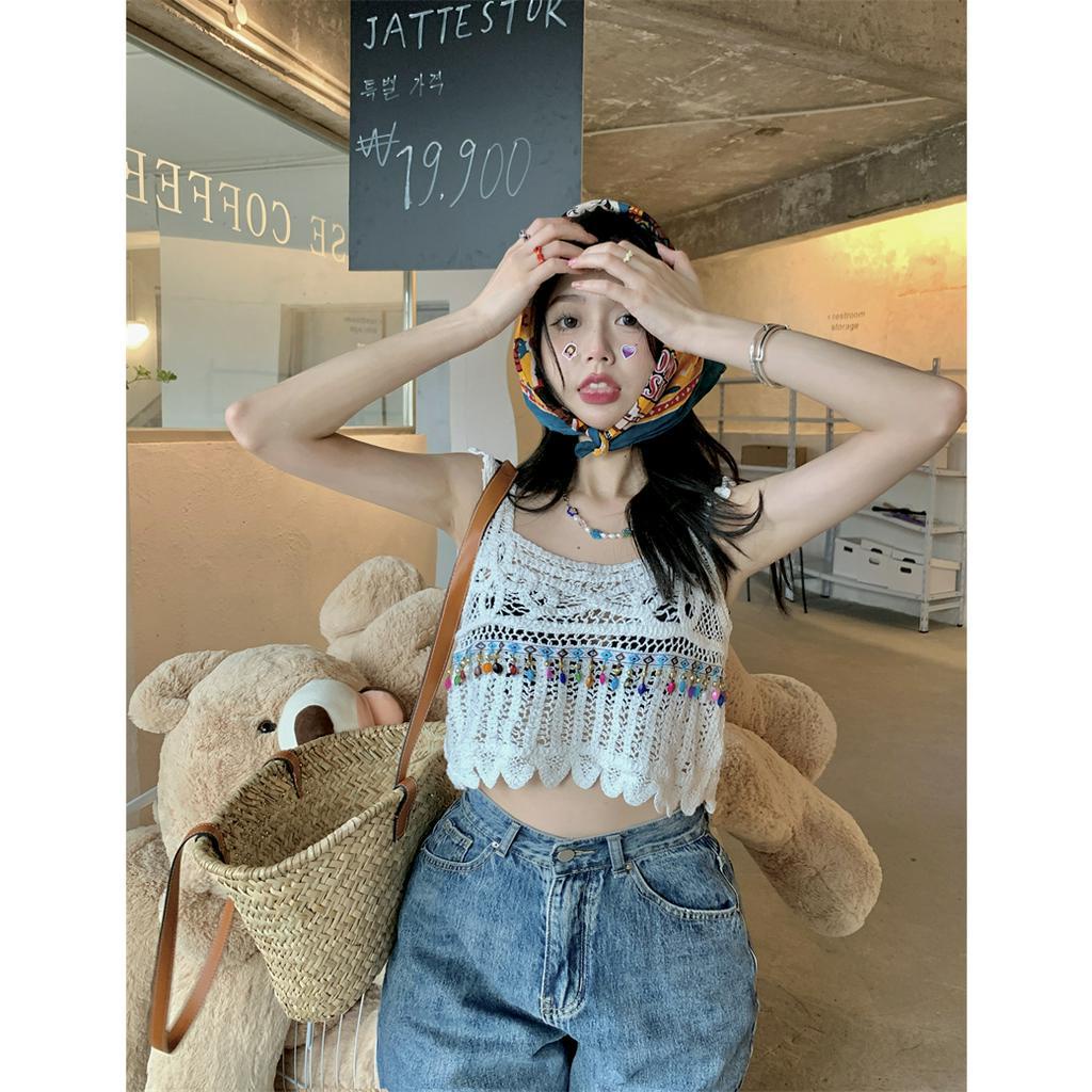 [Augustcloth] Áo 2 dây bản to len móc đính hạt cườm