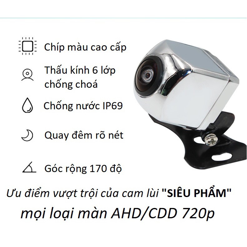 Camera lùi 720p MẮT LỒI góc rộng mạ bạc inox MỌI LOẠI MÀN AHD CCD chân cánh bướm