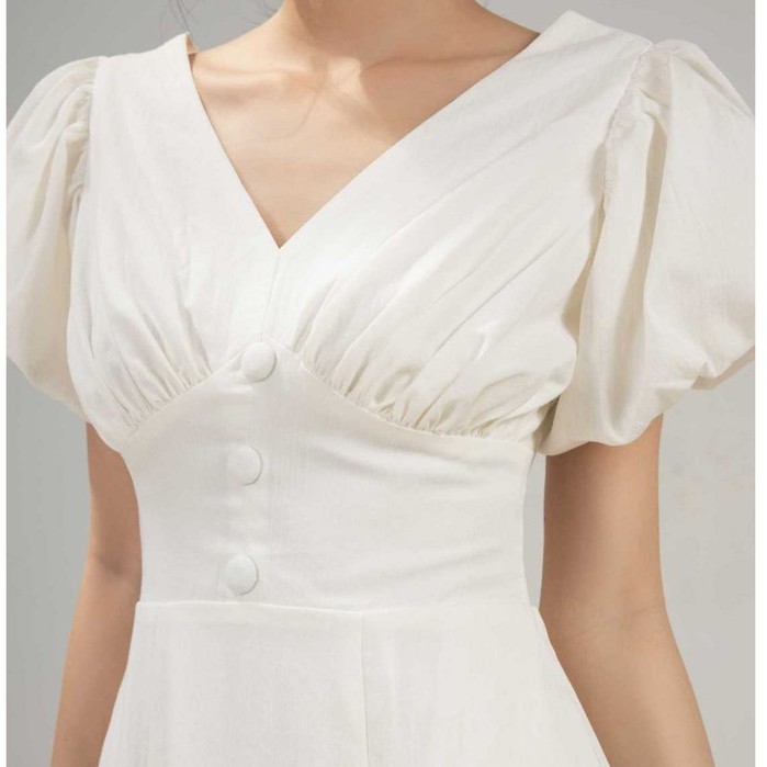 Đầm tay phồng nhún ngực chất linen thời trang- 2 màu Trắng, Đen