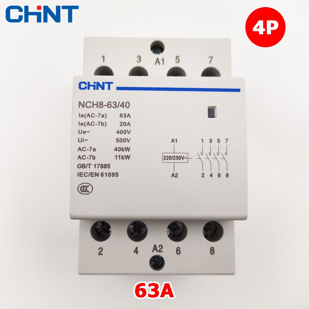 Khởi động từ 4P CHINT NCH8-25/40 NCH8-63/40 25A 63A 220V dùng cho điện 3 pha 380V 4 pha