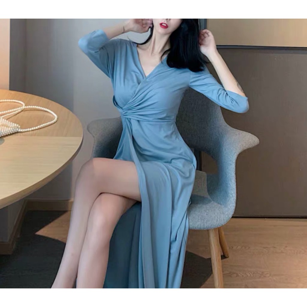 [ĐỒNG GIÁ 99k] Đầm maxi thun dài xanh xẻ tà thắt eo quyến rũ