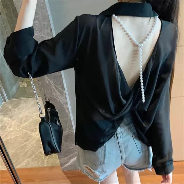 áo sơ mi voan nữ đen xẻ lưng dây ngọc