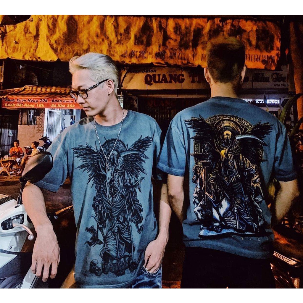 Áo thun xám xanh wash rock In Lụa Thần Chết Grim Reaper - size lớn oversize bigsize - chất xuất mỹ form unisex nam nữ