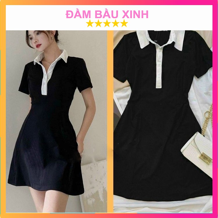 Đầm Polo Dáng Ôm Màu Đen Phối Cổ Trắng Váy Polo Ngắn Tay Dự Tiệc Đi Chơi