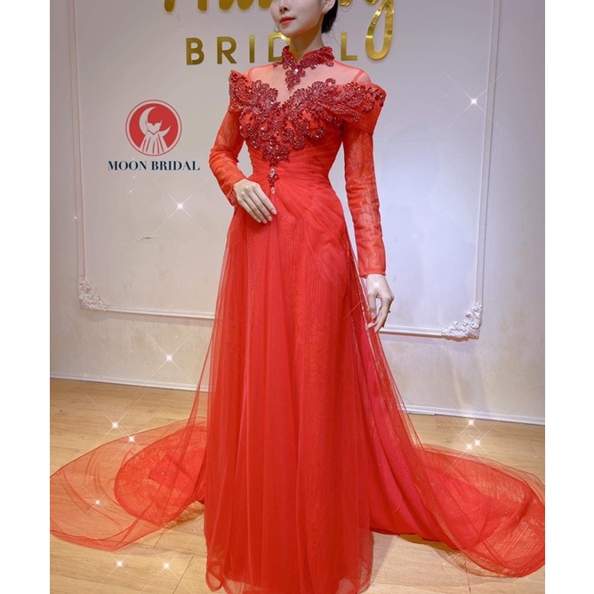 Áo dài cưới cô dâu cao cấp tà lê kết đá