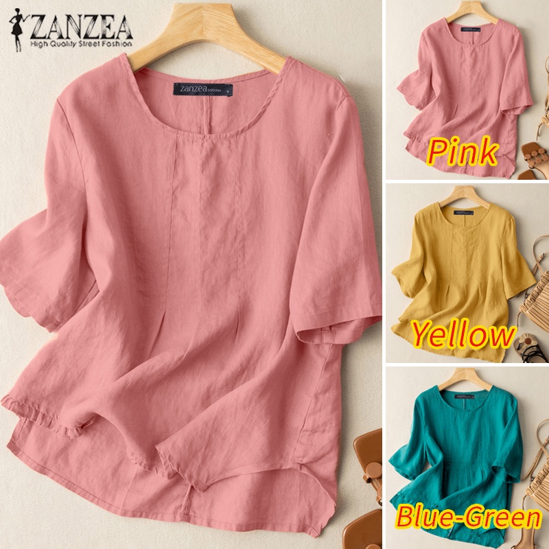 ZANZEA Áo Thun Nữ Ngắn Tay Cổ Tròn Vạt Không Đều Thời Trang