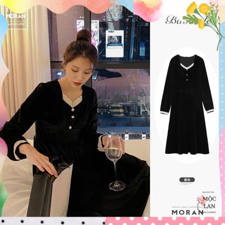 Váy nhung MORAN xòe dài cổ phối ren đính khuy cườm sang chảnh kiểu Pháp