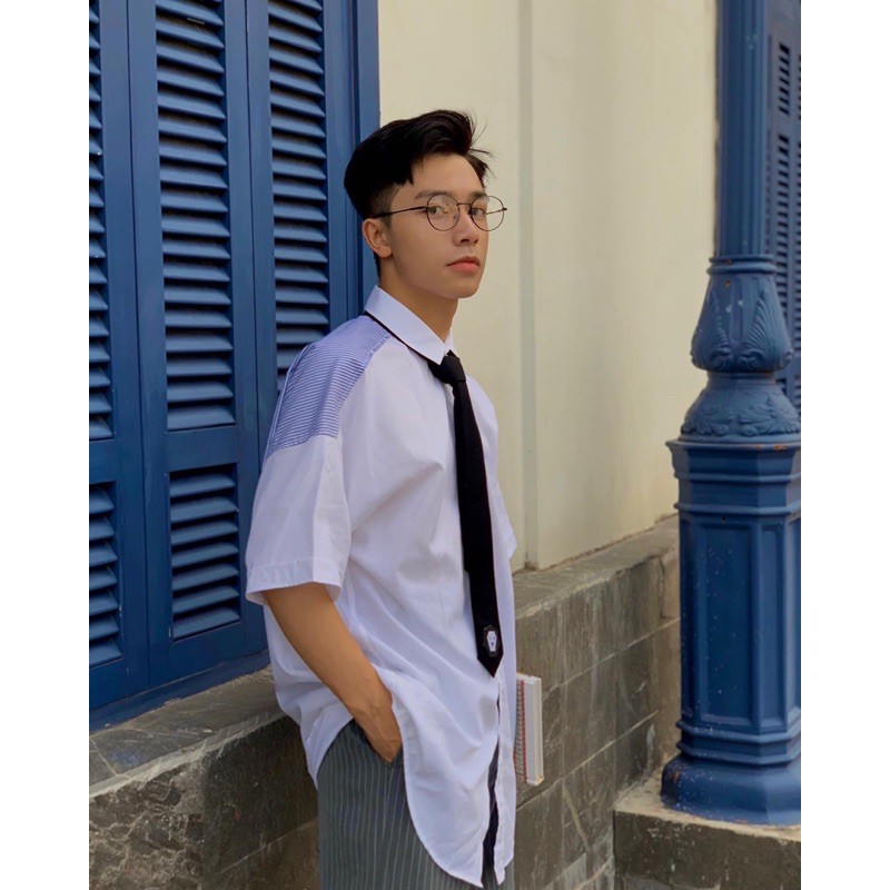 Sơ Mi Ngắn Tay Phối Kẻ Xanh