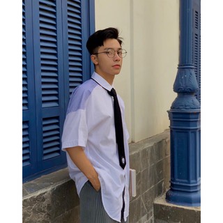 Sơ mi ngắn tay phối kẻ xanh