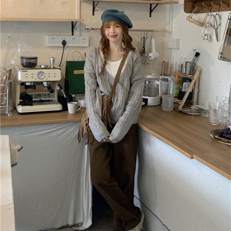Áo Khoác Cardigan Dệt Kim Tay Dài Dáng Rộng Cổ Chữ V Thời Trang