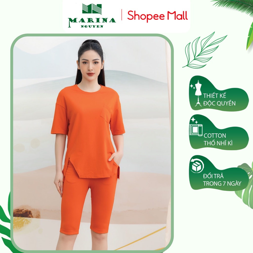 Đồ Bộ Nữ MARINA NGUYỄN Cotton Nhập Khẩu Cao Cấp, Thiết Kế Cổ Tròn, Tay Lỡ, Dáng Suông, Xẻ Tà Áo, Vải Mềm Mịn 422005