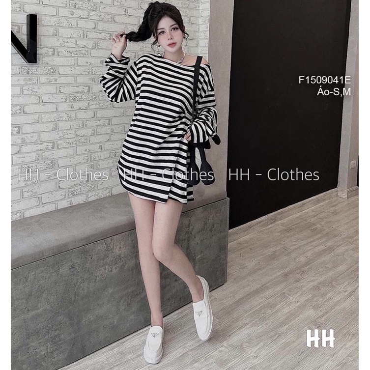 Áo rộng sọc kẻ cổ rộng lệch 1 bên vai TT1509