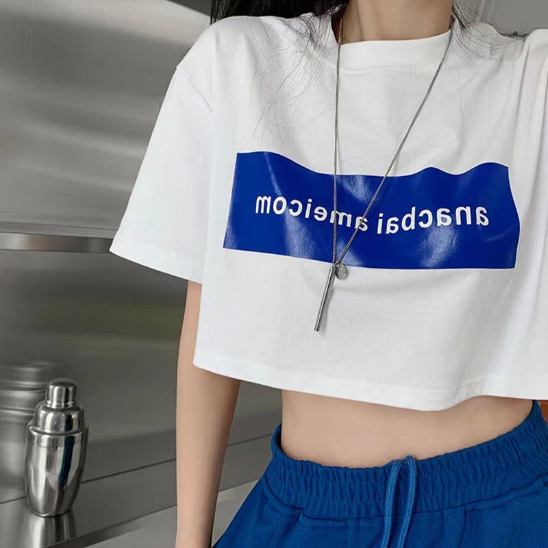 Áo Thun Crop Top Tay Ngắn Cổ Tròn In Chữ 271d1534 Cho Nữ