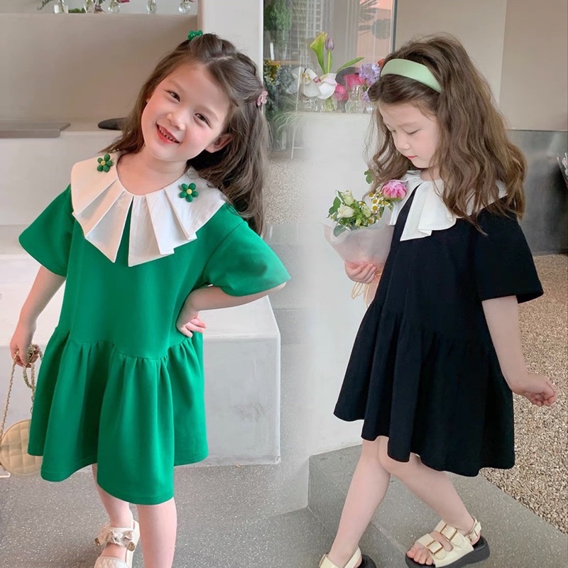 Váy xinh cổ trắng phối hoa xanh cho bé gái