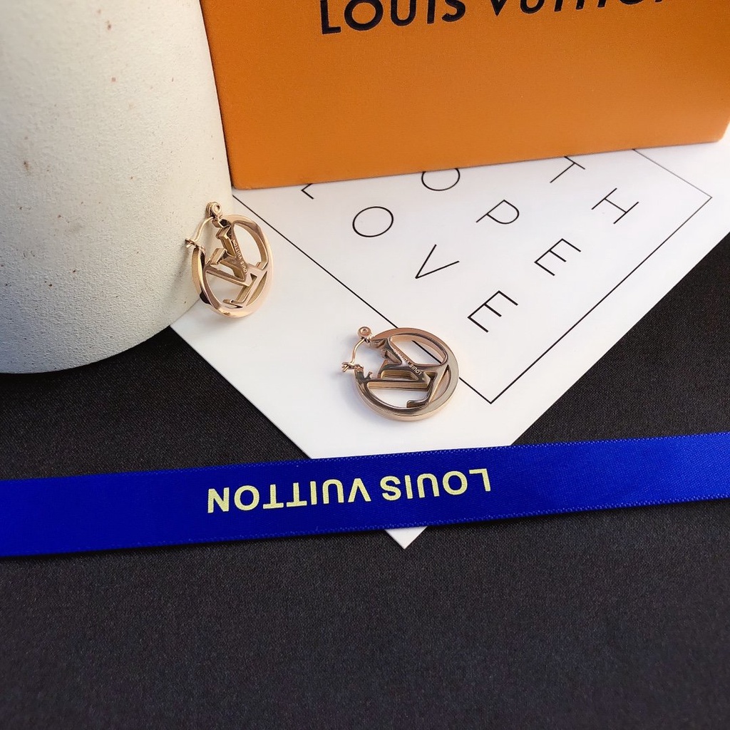 LOUIS VUITTON Khuyên Tai Tròn Bằng Thép Titan In Logo LV Thời Trang