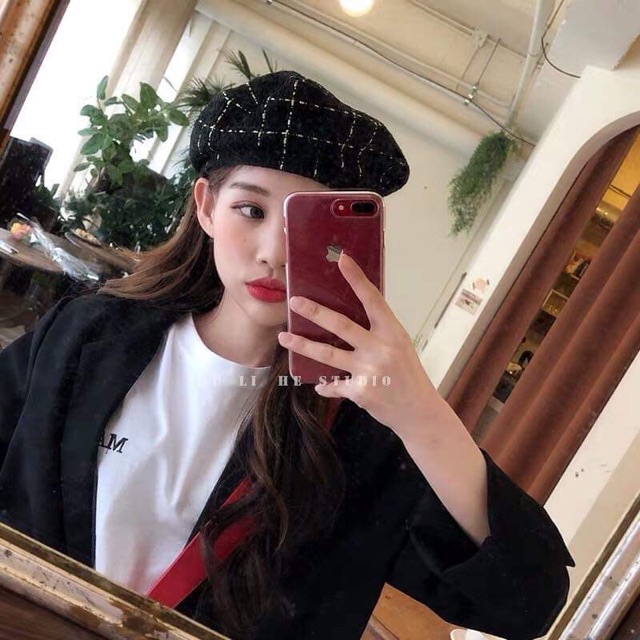 Mũ nồi - nón nồi beret caro có dây rút